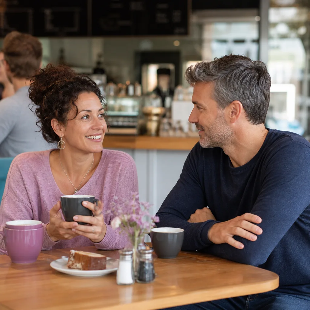Two adults talking over coffee in a quiet public café in Stornoway